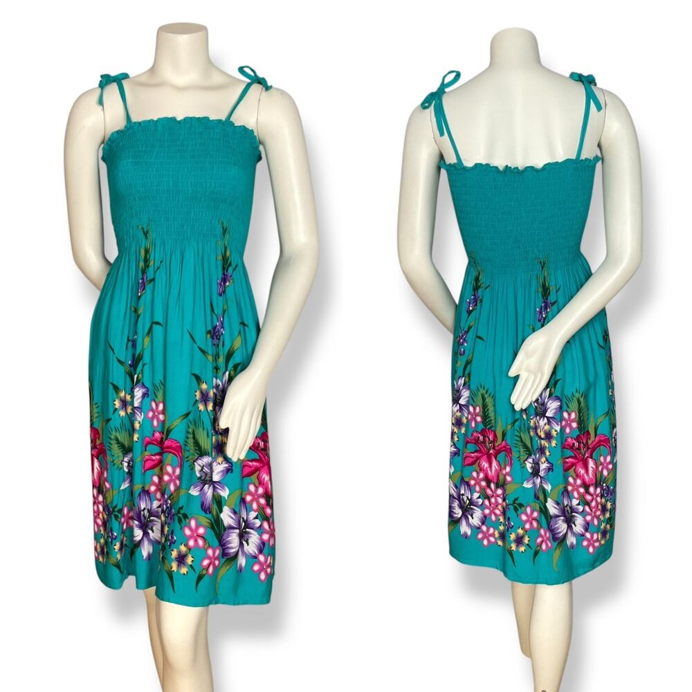 Hawaiian Dress Floral Shirred Smocked Tie Shoulder One Size‎ Teal Green Tropical